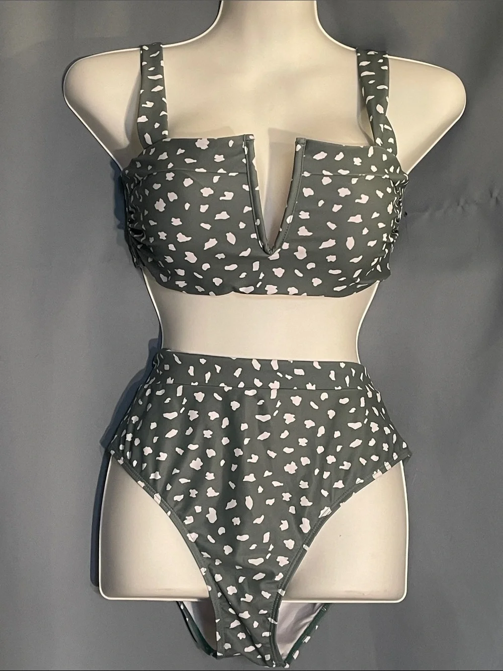 High-Waist V-Notch Bikini Set in Sage with White Spot